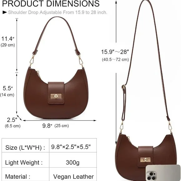 Brown vegan leather shoulder bag with multiple styles, 9.8x5.5x2.5 inches - Picture 4 of 7